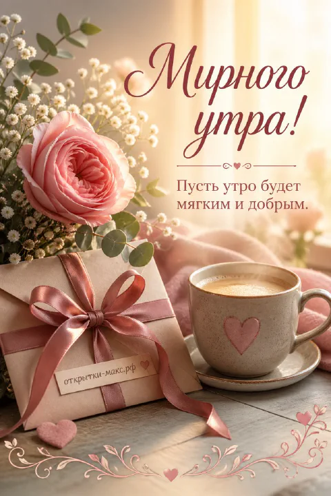 Кружка кофе с рисунком сердца, розовая роза и перевязанный атласной лентой подарок на нежно-розовом фоне
