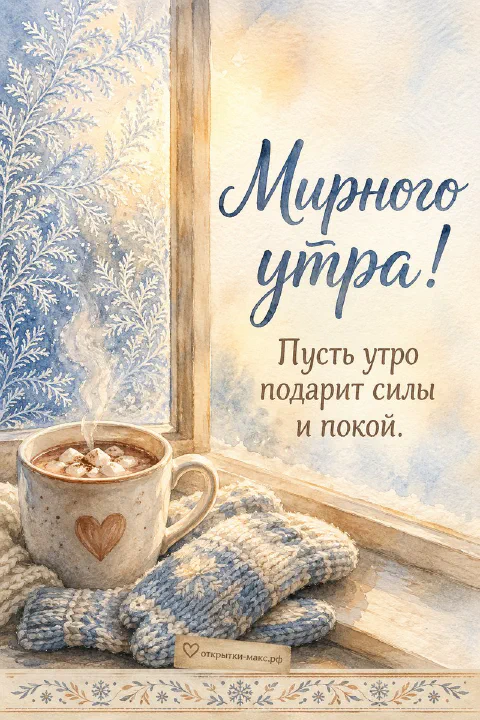 Чашка кофе с рисунком сердца и голубые вязаные варежки на подоконнике у окна с морозными узорами