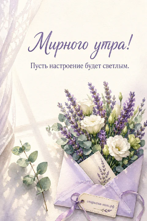 Акварельный лиловый конверт с букетом лаванды и белых эустом у окна с тюлем, надпись «Мирного утра»