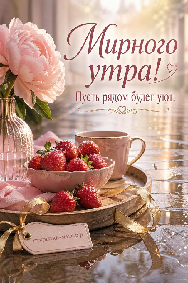 Открытка «Мирного утра» с рыжим котом в сиреневом пледе, чашкой чая и письмом с лавандой у окна — вариант 5