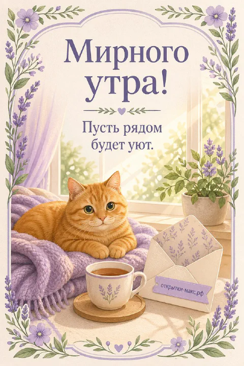 Открытка «Мирного утра» с рыжим котом в сиреневом пледе, чашкой чая и письмом с лавандой у окна