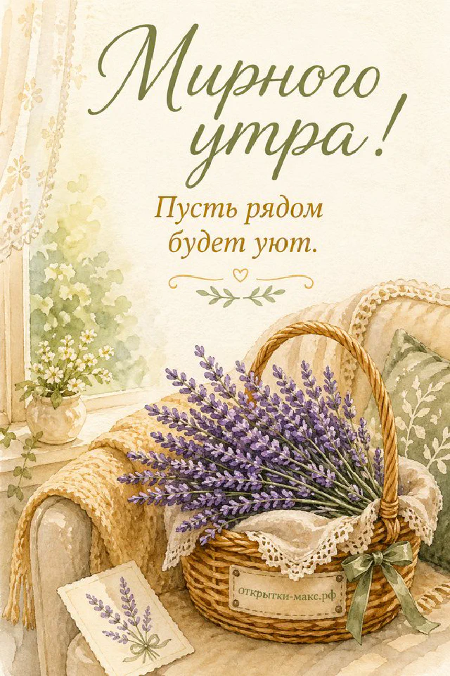 Открытка «Мирного утра» с рыжим котом в сиреневом пледе, чашкой чая и письмом с лавандой у окна — вариант 2