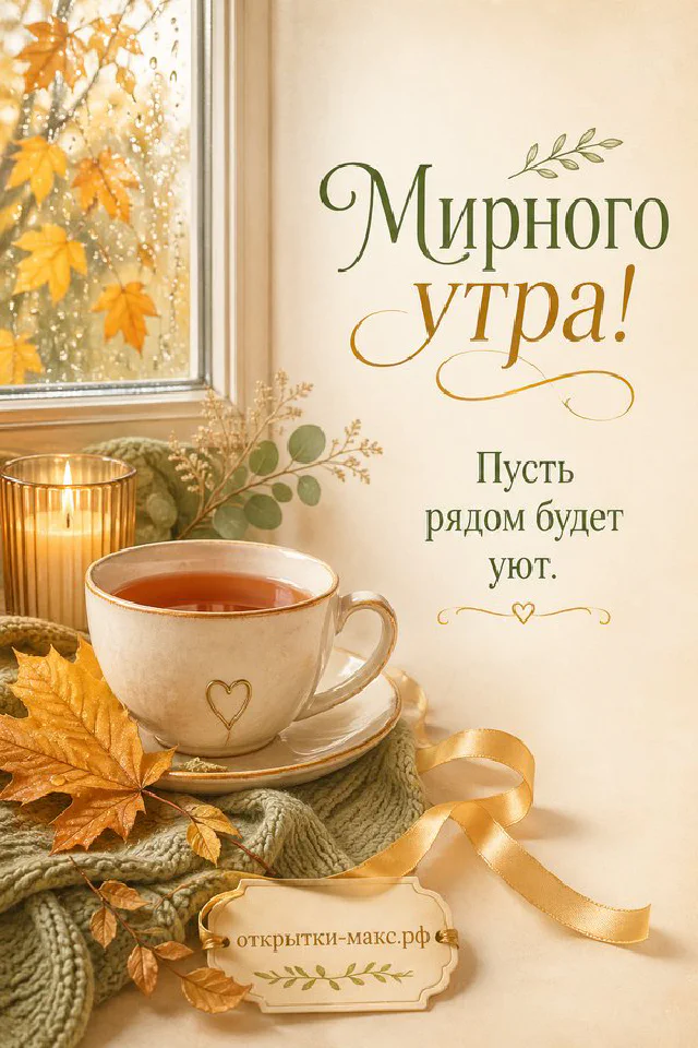 Открытка «Мирного утра» с рыжим котом в сиреневом пледе, чашкой чая и письмом с лавандой у окна — вариант 4