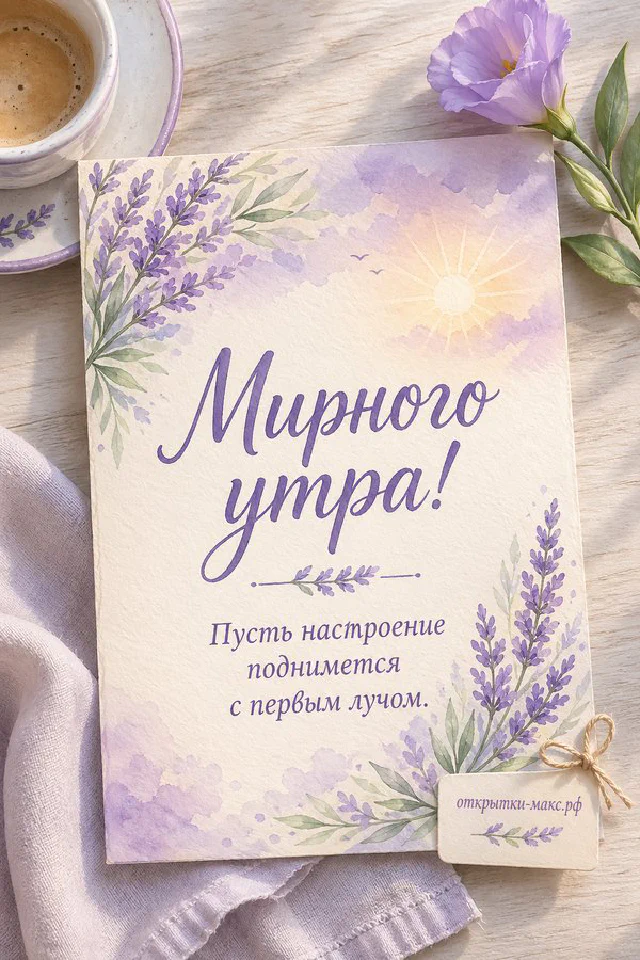 Акварельное распахнутое окно с цветущей веткой и синичками, чашка кофе и печенье на белом столе, надпись «Мирного утра» — вариант 2