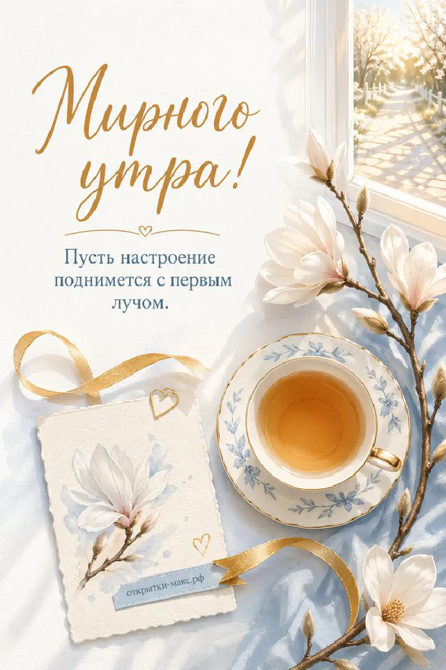 Акварельное распахнутое окно с цветущей веткой и синичками, чашка кофе и печенье на белом столе, надпись «Мирного утра» — вариант 3
