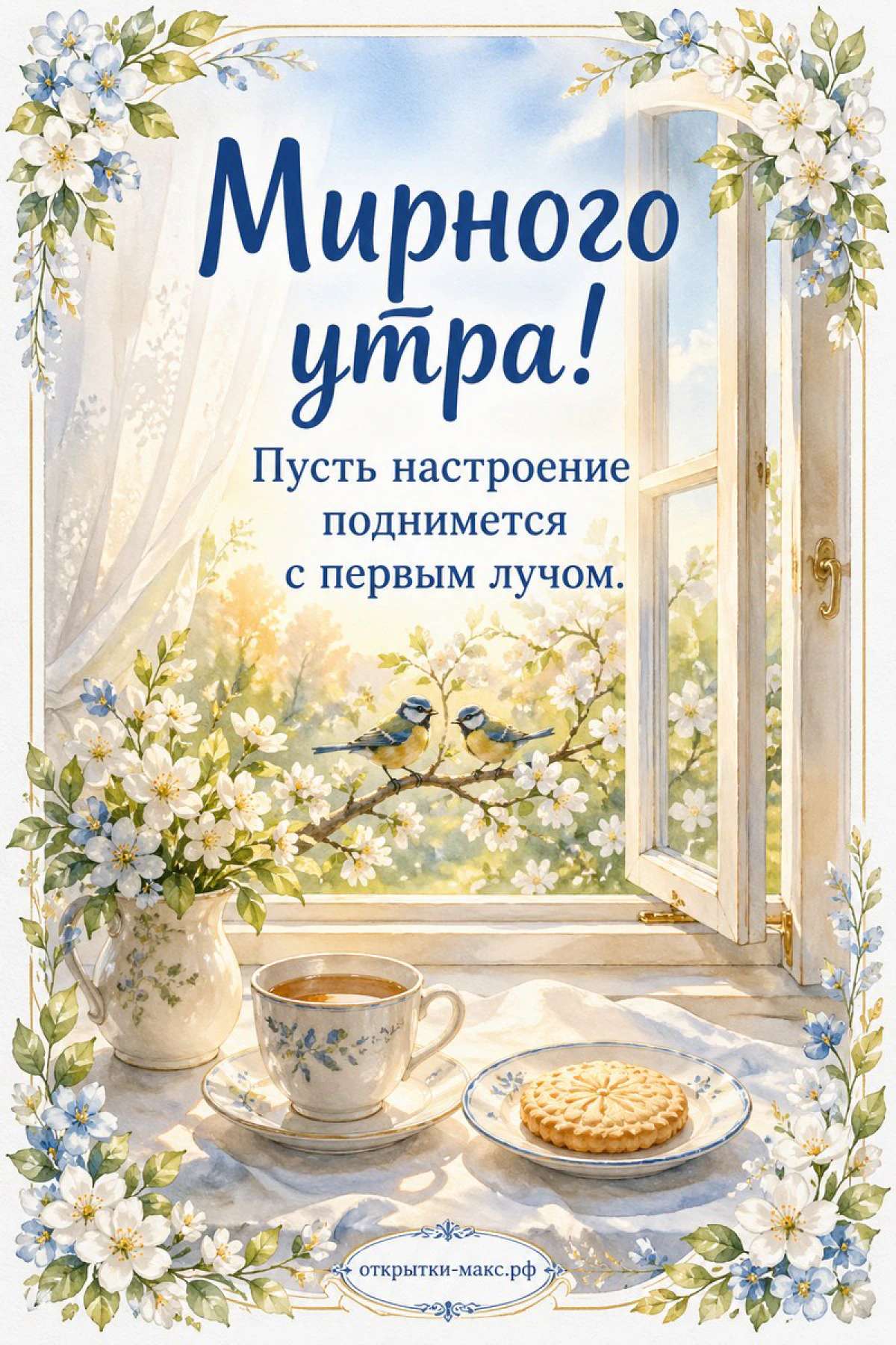 Акварельное распахнутое окно с цветущей веткой и синичками, чашка кофе и печенье на белом столе, надпись «Мирного утра»