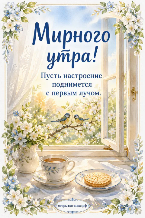 Акварельное распахнутое окно с цветущей веткой и синичками, чашка кофе и печенье на белом столе, надпись «Мирного утра»