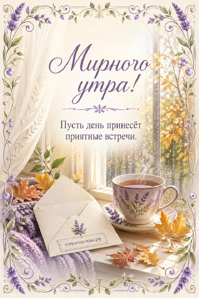 Жёлтый плед с бахромой у окна в каплях дождя и ваза с сухоцветами, надпись «Мирного утра!» — вариант 2