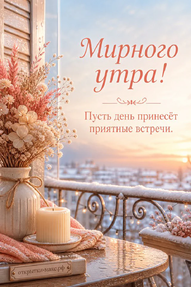 Жёлтый плед с бахромой у окна в каплях дождя и ваза с сухоцветами, надпись «Мирного утра!» — вариант 3
