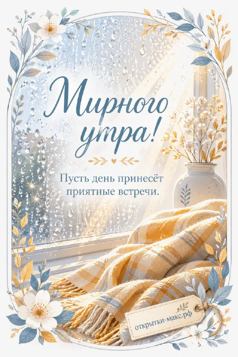 Жёлтый плед с бахромой у окна в каплях дождя и ваза с сухоцветами, надпись «Мирного утра!»