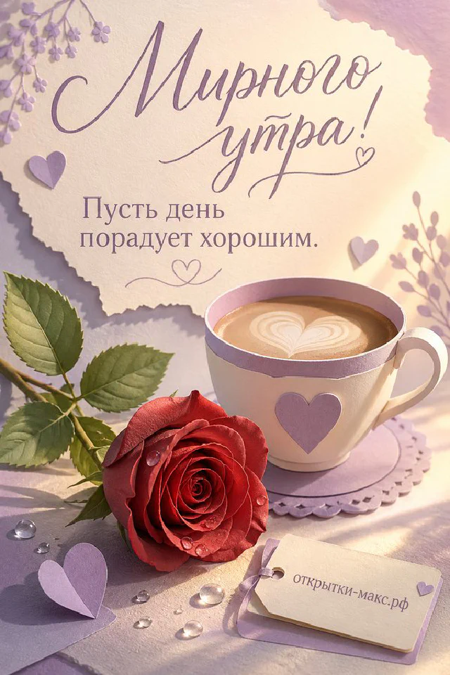 Бумажная открытка «Мирного утра» рядом с букетом цветов в белой вазе и кружащимися лепестками — вариант 3