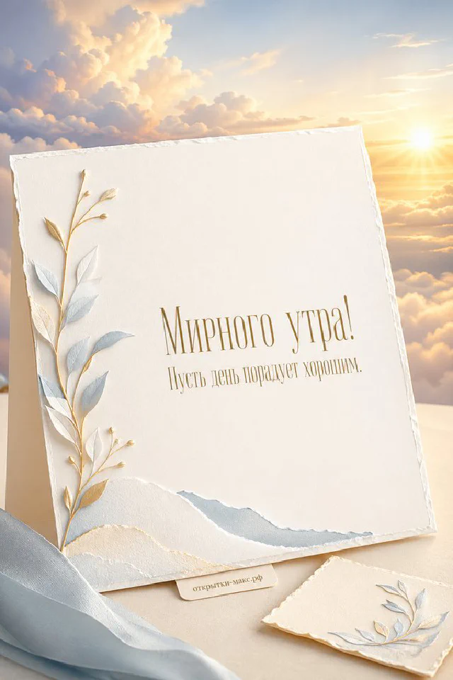 Бумажная открытка «Мирного утра» рядом с букетом цветов в белой вазе и кружащимися лепестками — вариант 7
