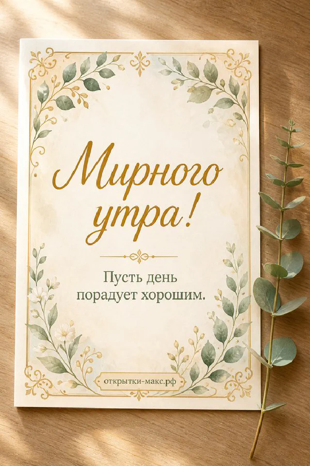 Бумажная открытка «Мирного утра» рядом с букетом цветов в белой вазе и кружащимися лепестками — вариант 4