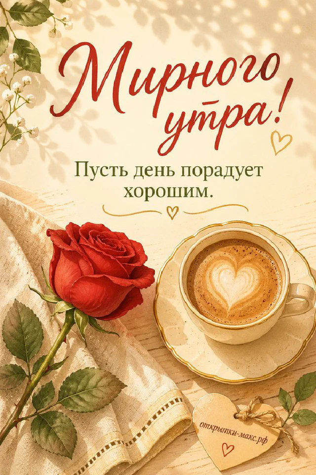 Бумажная открытка «Мирного утра» рядом с букетом цветов в белой вазе и кружащимися лепестками — вариант 5