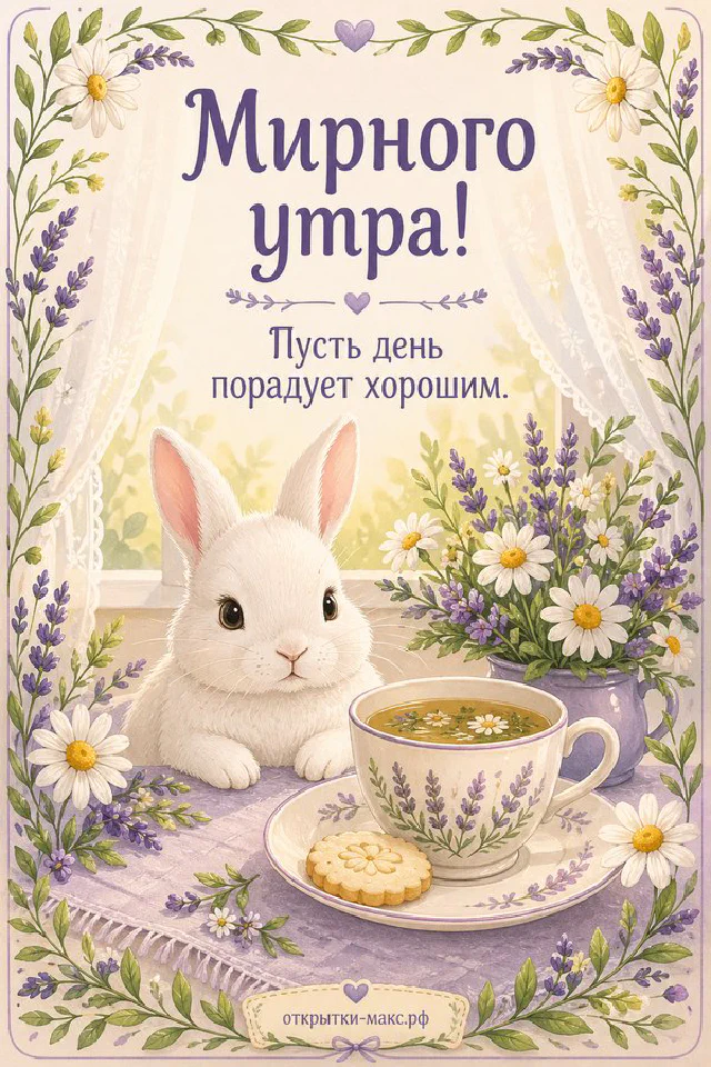 Бумажная открытка «Мирного утра» рядом с букетом цветов в белой вазе и кружащимися лепестками — вариант 6