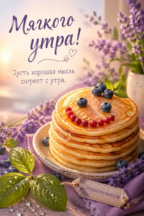 Стопка золотистых блинов с черникой и клюквой и ягодной мордочкой на тарелке с лавандой на рассвете