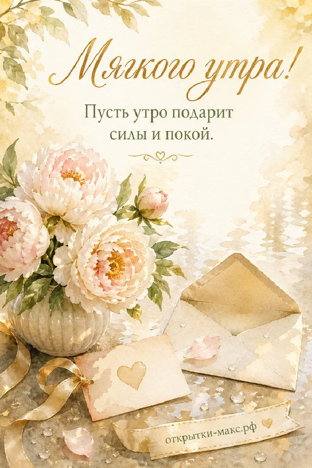 Акварельный букет цветов и чашка кофе на светлом столе, надпись «Мягкого утра» — вариант 2