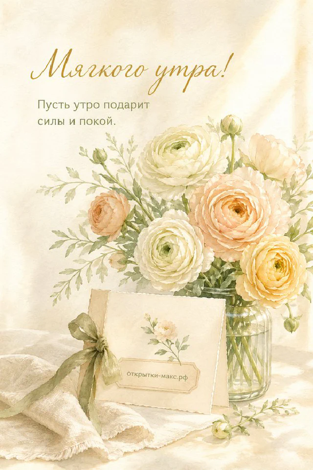 Акварельный букет цветов и чашка кофе на светлом столе, надпись «Мягкого утра» — вариант 3