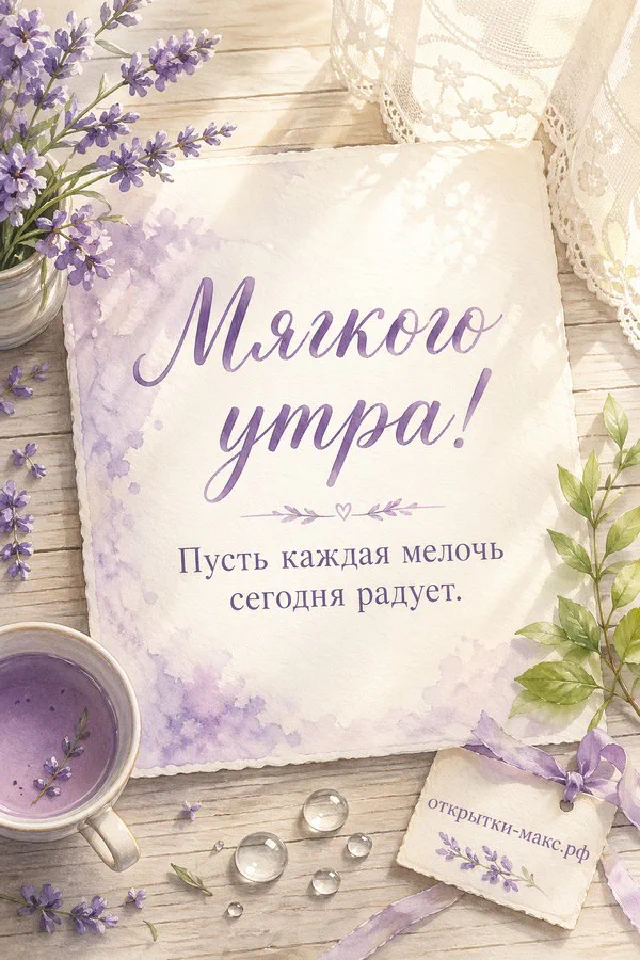 Букет цветов с лавандой и сложенный конверт на светлом фоне, акварель, надпись «Мягкого утра» — вариант 2