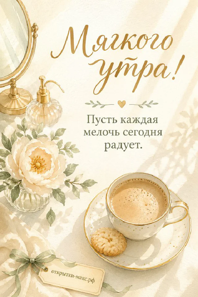 Букет цветов с лавандой и сложенный конверт на светлом фоне, акварель, надпись «Мягкого утра» — вариант 3
