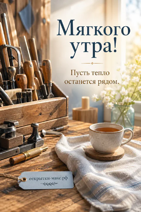 Чашка чая на деревянном столе рядом с ящиком инструментов в солнечной мастерской с цветами
