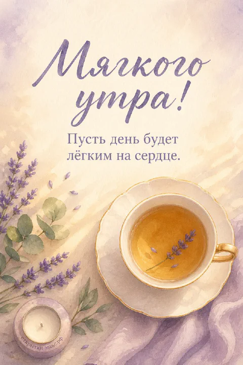 Чашка чая с лавандовыми соцветиями, свеча и ветки эвкалипта на сиреневом фоне