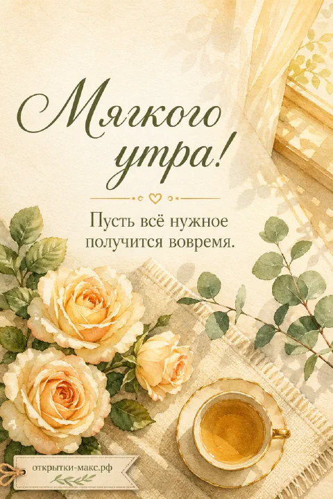 Акварельные кремовые розы и чашка чая на льняной салфетке у окна с надписью Мягкого утра