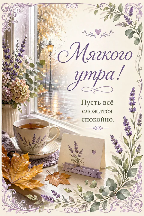 Белая фарфоровая чашка чая и веточка лаванды на льняной салфетке, акварель, надпись «Мягкого утра»