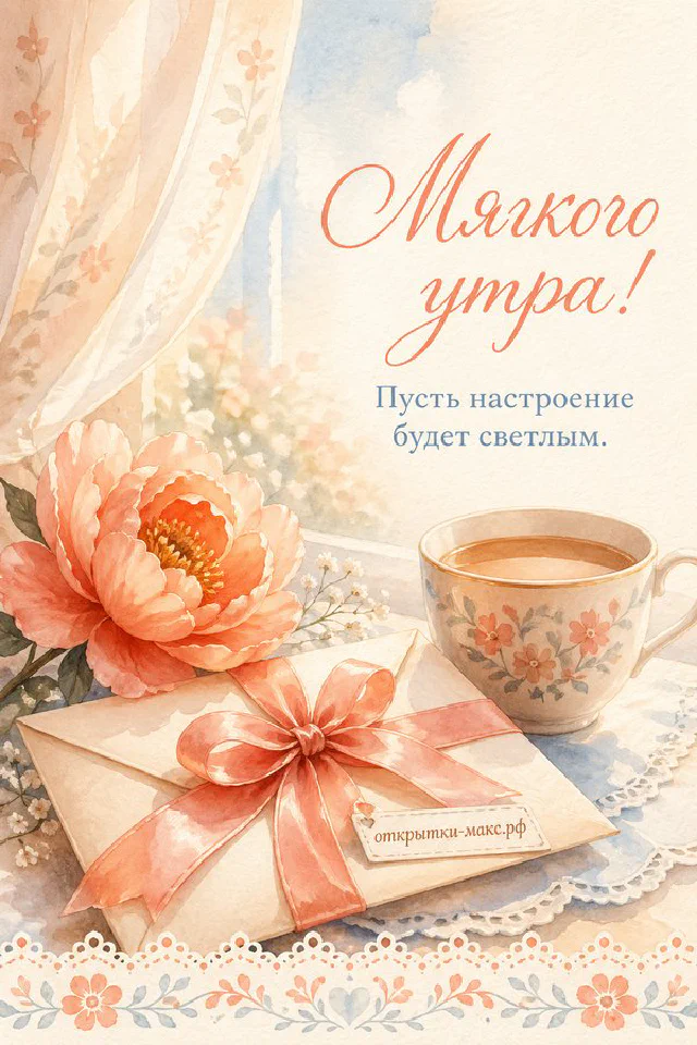 Розовая фарфоровая чашка чая на льняной салфетке, букет светлых цветов в вазе и тарелка с разноцветными французскими макаронами — вариант 4