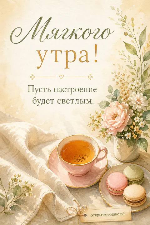 Розовая фарфоровая чашка чая на льняной салфетке, букет светлых цветов в вазе и тарелка с разноцветными французскими макаронами