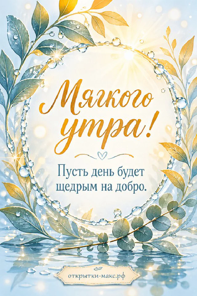 Открытка «Мягкого утра» с чашкой чая с сердечком, персиковым пледом и заснеженным домиком за окном — вариант 5