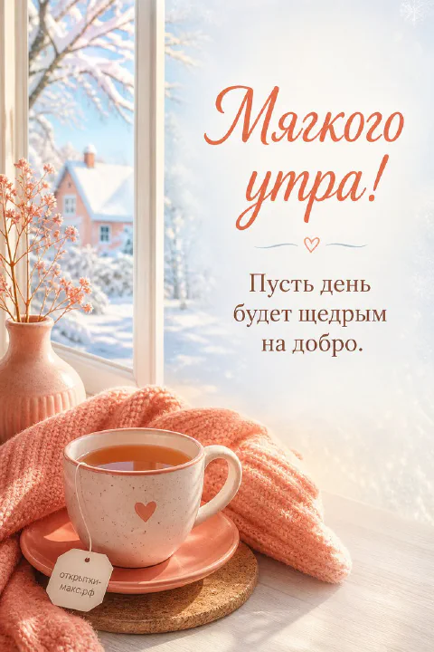 Открытка «Мягкого утра» с чашкой чая с сердечком, персиковым пледом и заснеженным домиком за окном