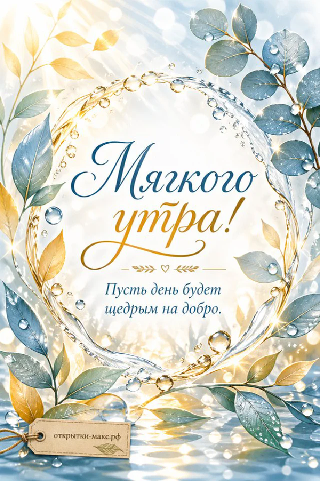 Открытка «Мягкого утра» с чашкой чая с сердечком, персиковым пледом и заснеженным домиком за окном — вариант 2