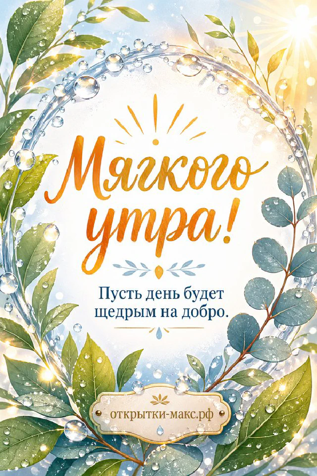 Открытка «Мягкого утра» с чашкой чая с сердечком, персиковым пледом и заснеженным домиком за окном — вариант 3