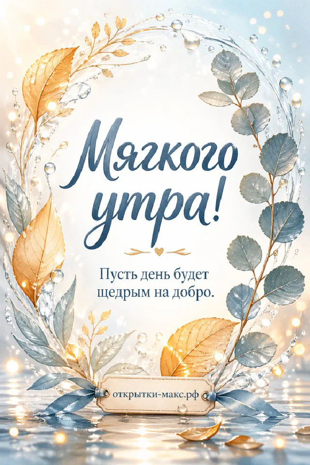 Открытка «Мягкого утра» с чашкой чая с сердечком, персиковым пледом и заснеженным домиком за окном — вариант 4