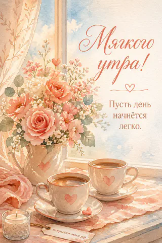 Две чашки кофе с сердечками и розы в вазе на подоконнике у окна с облаками