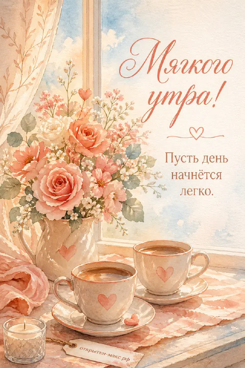 Две чашки кофе с сердечками и розы в вазе на подоконнике у окна с облаками