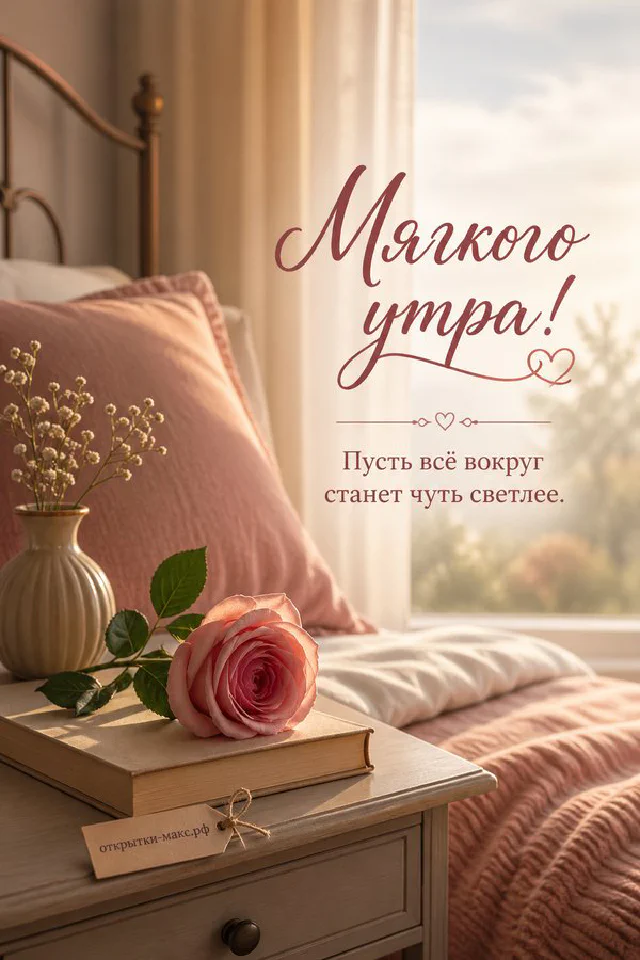Акварельная открытка с жёлтыми герберами в стеклянной вазе на бежевом фоне и надписью Мягкого утра — вариант 2