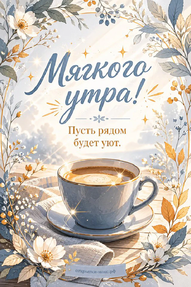 Акварельная открытка: ваза с пионом, чашка кофе и миска клубники с надписью «Мягкого утра» — вариант 4