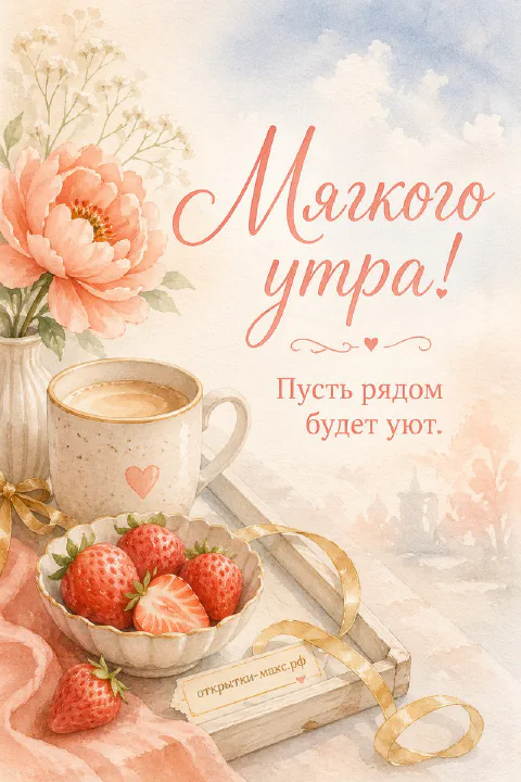Акварельная открытка: ваза с пионом, чашка кофе и миска клубники с надписью «Мягкого утра»