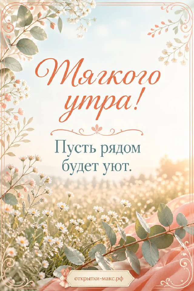 Акварельная открытка: ваза с пионом, чашка кофе и миска клубники с надписью «Мягкого утра» — вариант 3