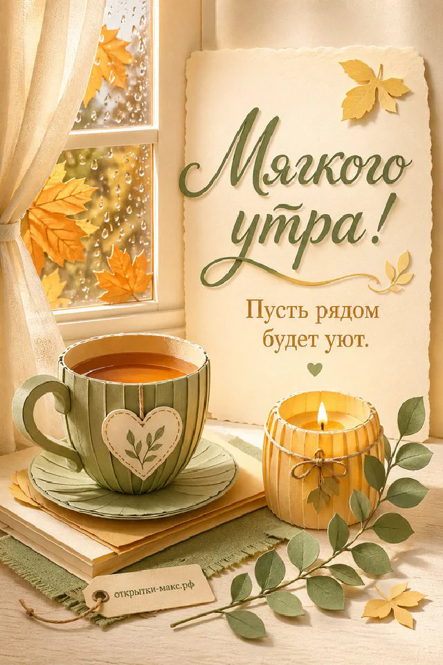 Акварельная открытка: ваза с пионом, чашка кофе и миска клубники с надписью «Мягкого утра» — вариант 6