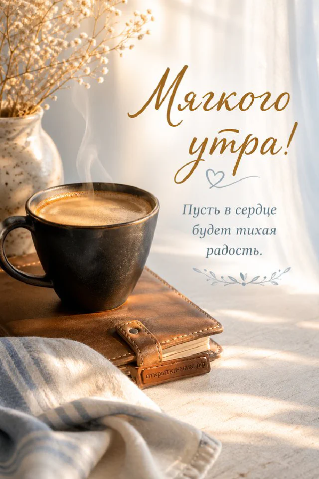 Открытка «Мягкого утра» с деревянным подносом, чашкой кофе, круассаном, букетом белых цветов и акварелью на воде — вариант 2