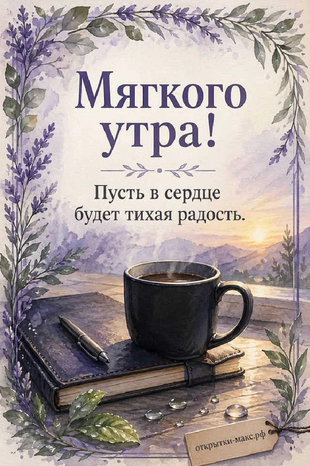Открытка «Мягкого утра» с деревянным подносом, чашкой кофе, круассаном, букетом белых цветов и акварелью на воде — вариант 3