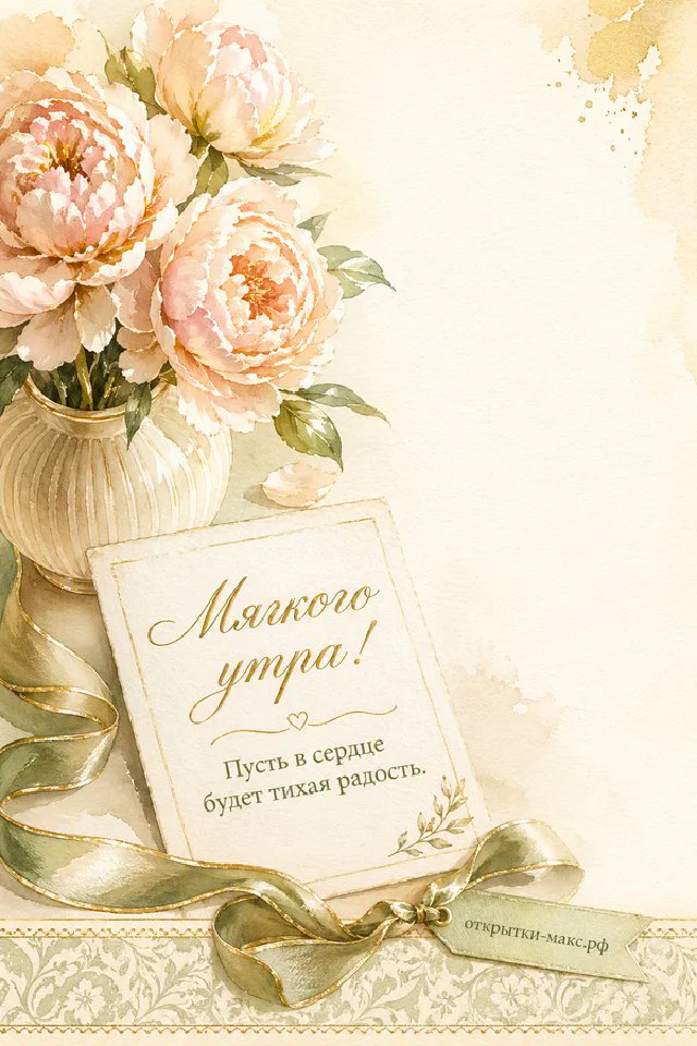 Открытка «Мягкого утра» с деревянным подносом, чашкой кофе, круассаном, букетом белых цветов и акварелью на воде — вариант 5