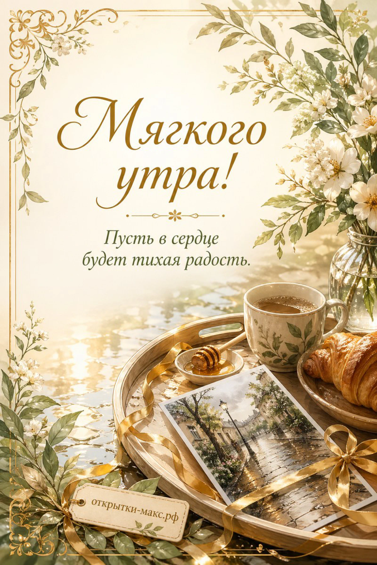 Открытка «Мягкого утра» с деревянным подносом, чашкой кофе, круассаном, букетом белых цветов и акварелью на воде
