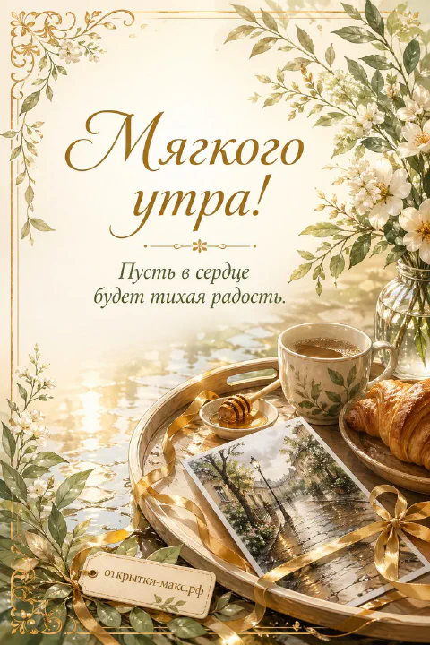 Открытка «Мягкого утра» с деревянным подносом, чашкой кофе, круассаном, букетом белых цветов и акварелью на воде