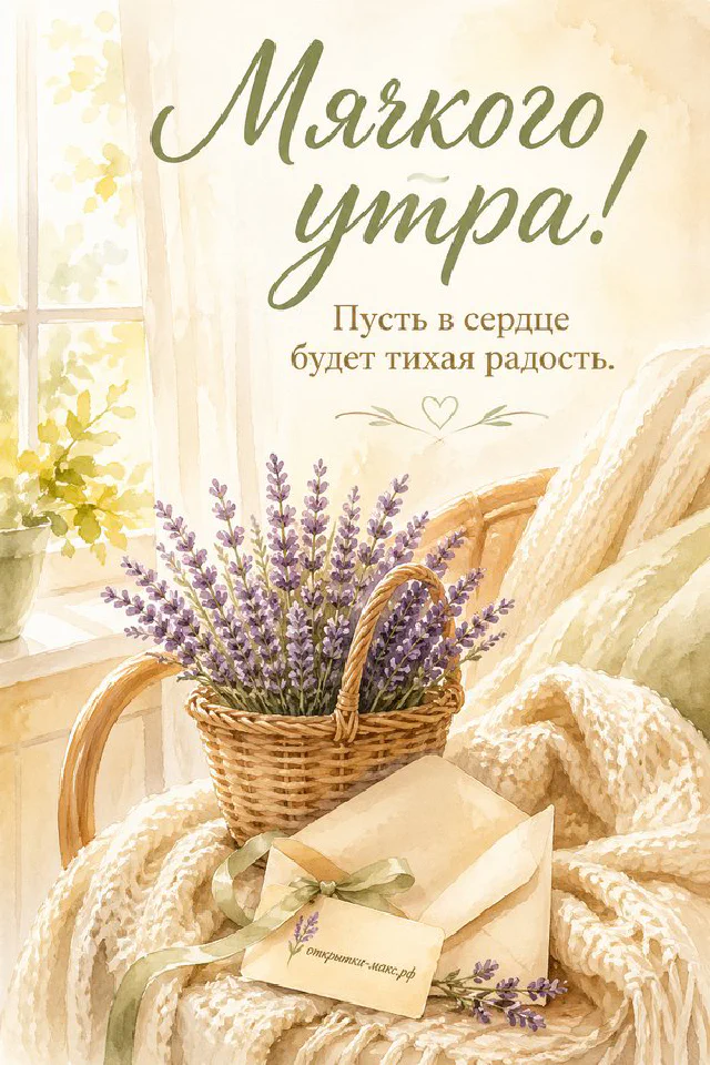 Открытка «Мягкого утра» с деревянным подносом, чашкой кофе, круассаном, букетом белых цветов и акварелью на воде — вариант 4