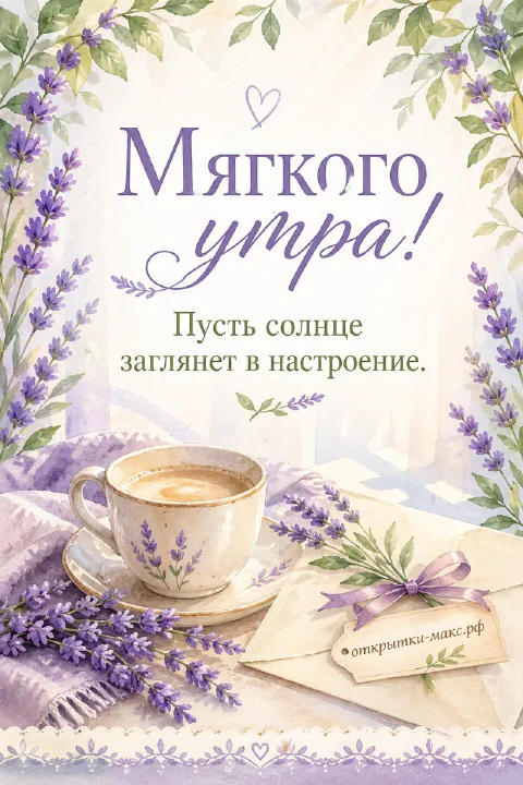 Акварельная открытка с чашкой кофе, лавандой и конвертом на фиолетово-белом фоне с надписью Мягкого утра