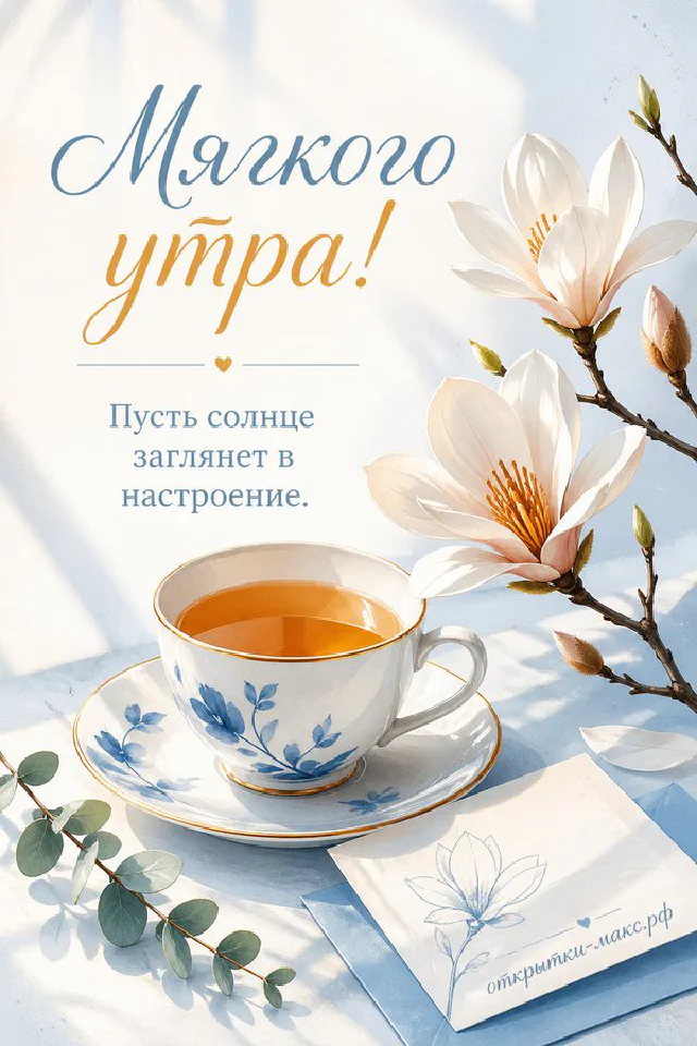 Акварельная открытка с чашкой кофе, лавандой и конвертом на фиолетово-белом фоне с надписью Мягкого утра — вариант 2